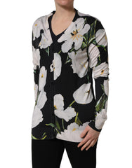 Dolce & Gabbana Black Floral Cashmere Silk Cardigan Sweater
