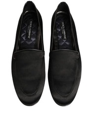 Dolce & Gabbana Black Satin Logo Slip On Flats Loafers Shoes