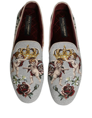 Dolce & Gabbana Gray Crown Rose Angel Embroidery Loafer Shoes