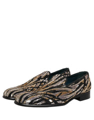 Dolce & Gabbana Gold Striped Sequin Embellished Loafer Shoes