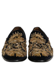 Dolce & Gabbana Black Gold Embroidery Dress Loafers Shoes