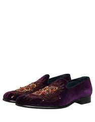 Dolce & Gabbana Violet Velvet Rhinestone Sequin Loafers Shoes