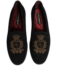 Dolce & Gabbana Black Velvet Crown Embroidery Loafers Shoes