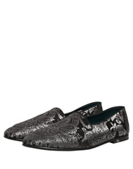 Dolce & Gabbana Silver Jacquard Leather Slip On Loafers Shoes