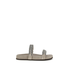 Brunello Cucinelli Gray Calf Leather Bos Taurus Flat Sandals