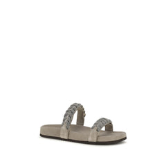 Brunello Cucinelli Gray Calf Leather Bos Taurus Flat Sandals