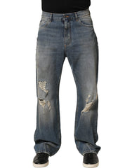 Dolce & Gabbana Blue Cotton Distressed Straight Denim Jeans
