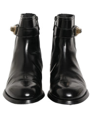Dolce & Gabbana Black Leather Logo Buckle Mid Calf Boots Shoes