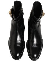 Dolce & Gabbana Black Leather Logo Buckle Mid Calf Boots Shoes