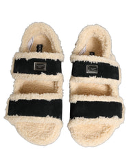 Dolce & Gabbana Beige Black Faux Fur Flats Men Sandals Shoes