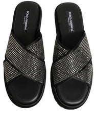 Dolce & Gabbana Black Strass Criss Cross Slide Sandals Shoes
