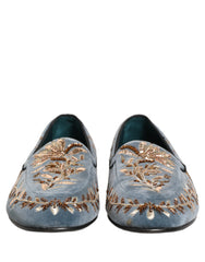 Dolce & Gabbana Blue Velvet Embellished Dress Loafers Shoes