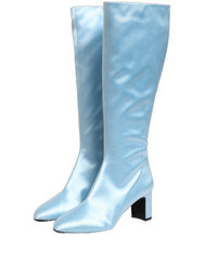 Dolce & Gabbana Light Blue Satin Knee High Boots Shoes