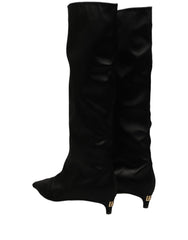 Dolce & Gabbana Black Satin Knee High Kitten Boots Shoes