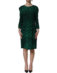 Dolce & Gabbana Green Leopard Print Silk Knee Length Dress