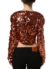 Dolce & Gabbana Red Sequined Long Sleeves Crop Blouse Top