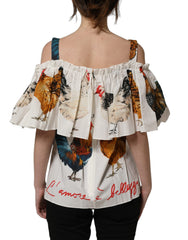 Dolce & Gabbana White Rooster Print Poplin Off The Shoulder Top