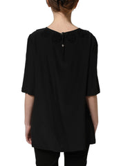 Dolce & Gabbana Black Floral Silk Heart Appliqué Blouse Top