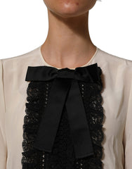 Dolce & Gabbana Beige Lace Trim Bow Short Sleeves Blouse Top
