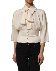 Dolce & Gabbana Off White Ascot Collar Long Sleeves Blouse Top