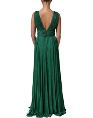 Dolce & Gabbana Metallic Green Sleeveless Plissé Gown Dress