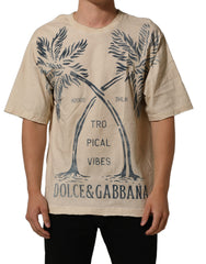 Dolce & Gabbana Beige Cotton Graphic Print Crew Neck  T-shirt