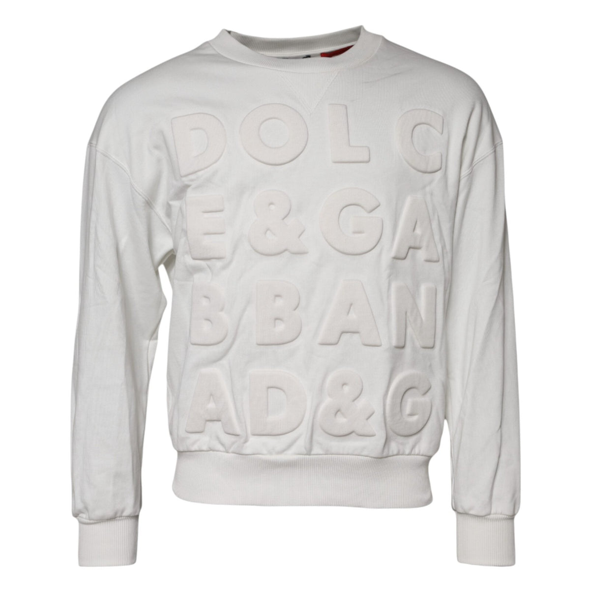 Dolce & Gabbana White Embossed Logo Cotton Crew Neck Sweater
