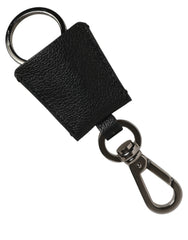 Dolce & Gabbana Black Dauphine Leather Silver Metal Logo Plaque Keyring