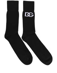 Dolce & Gabbana Men Black Cotton DG Logo Mid Calf Accessory Socks
