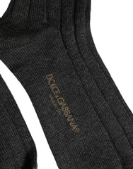 Dolce & Gabbana Dark Gray Wool Logo Calf Long Ribbed Accessory Socks