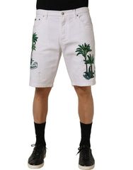 Dolce & Gabbana White Palm Embroidery Denim Bermuda Shorts