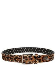 Dolce & Gabbana Brown Leopard Calf Hair Studs Metal Buckle Belt