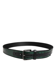 Dolce & Gabbana Black Green Logo Silver Tone Metal Buckle Belt