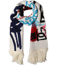 Dolce & Gabbana White Graphic Cashmere Fringed Shawl Scarf
