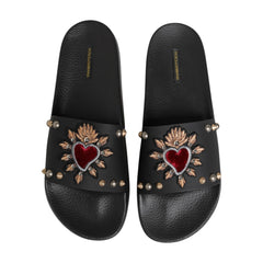 Dolce & Gabbana Black Heart Patch Rubber Calfskin Slippers Shoes