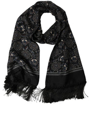 Dolce & Gabbana Black Silk Floral Paisley Fringed Shawl Scarf