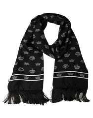 Dolce & Gabbana Black Silk Crown Fringed Neck Shawl Scarf