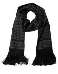 Dolce & Gabbana Black Silk Geometric Fringed Neck Shawl Scarf
