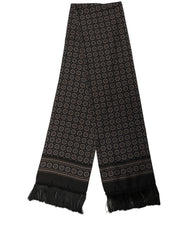 Dolce & Gabbana Black Silk Geometric Fringed Neck Shawl Scarf