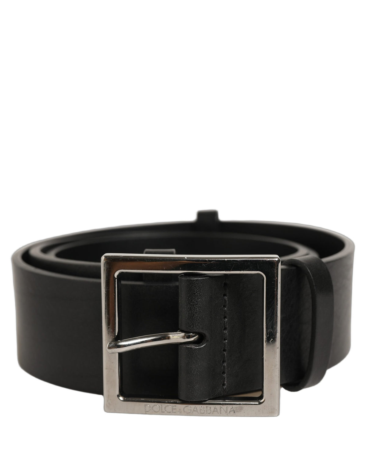 Dolce & Gabbana Black Leather Silver Tone Square Buckle Belt