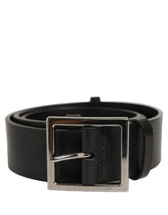 Dolce & Gabbana Black Leather Silver Tone Square Buckle Belt