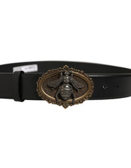 Dolce & Gabbana Black Leather Bee Accent Metal Buckle Belt