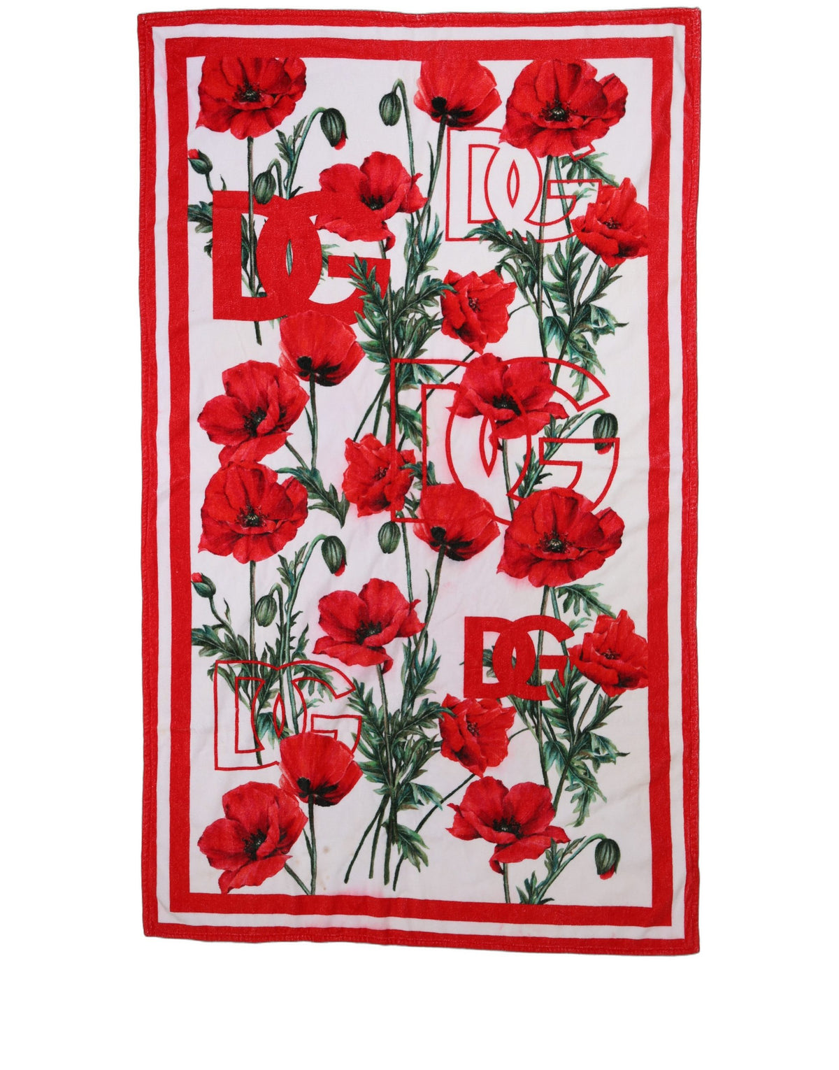 Dolce & Gabbana White Floral Poppy Print DG Logo Beach Towel