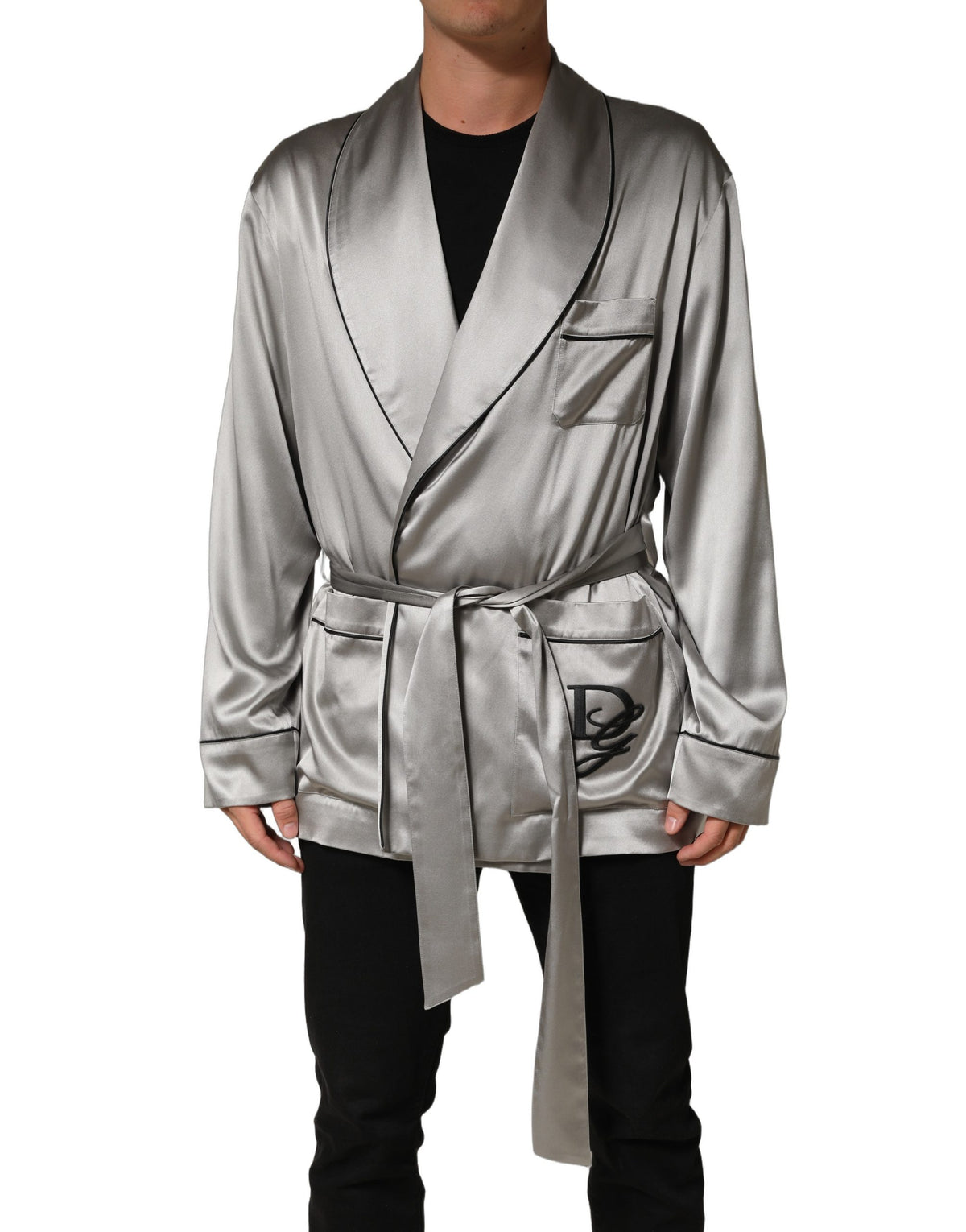 Dolce & Gabbana Gray Silk Satin Robe Embroidered Jacket