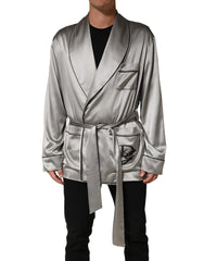 Dolce & Gabbana Gray Silk Satin Robe Embroidered Jacket