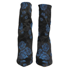 Dolce & Gabbana Black Blue Floral Stretch Sock Boots Shoes