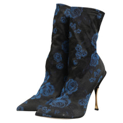 Dolce & Gabbana Black Blue Floral Stretch Sock Boots Shoes