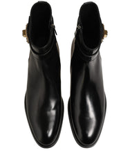 Dolce & Gabbana Black Leather Buckle Mid Calf Boots Shoes