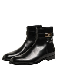 Dolce & Gabbana Black Leather Buckle Mid Calf Boots Shoes