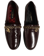 Dolce & Gabbana Maroon DG Chain Calfskin Leather Loafers Shoes